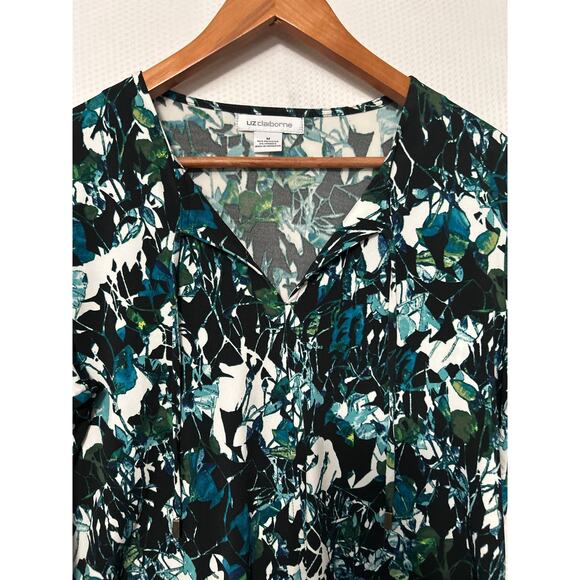 Liz Claiborne Black Green 3/4 Sleeve Blouse Abstract Print Front Tassel Size Med - Picture 2 of 9